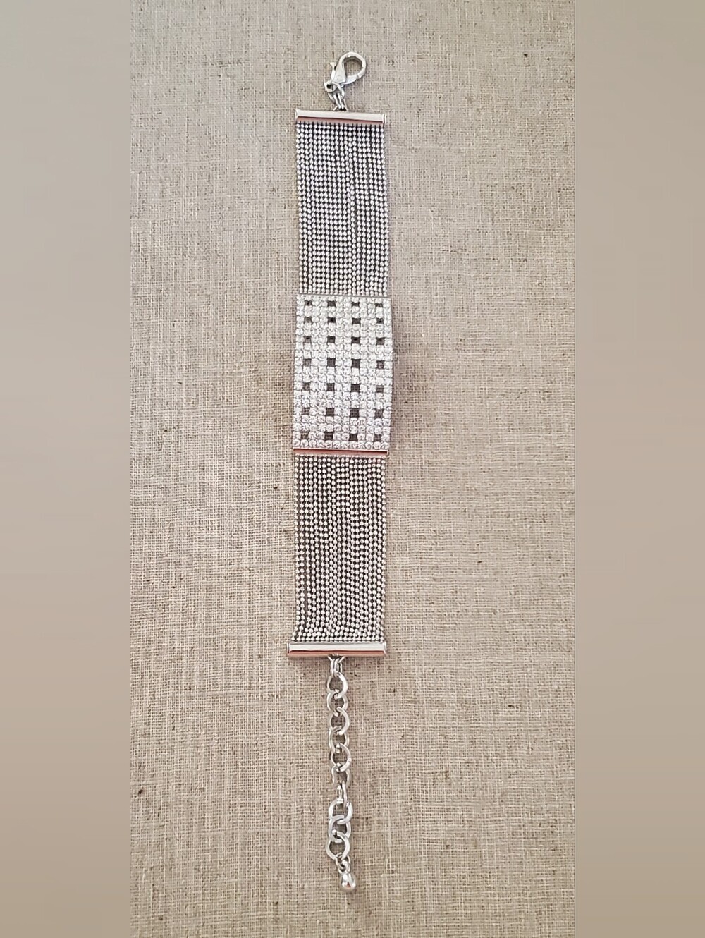 Sparkling Rhinestone Mesh Wide Cuff Bracelet | Silver Tone Statement Wristband - Picture 5 of 8